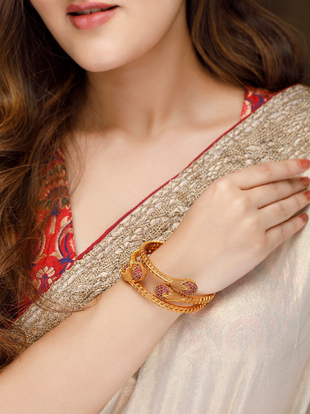 

Rubans Women Set Of 2 24K Gold-Plated Maroon Stones-Studded & Beaded Bangles