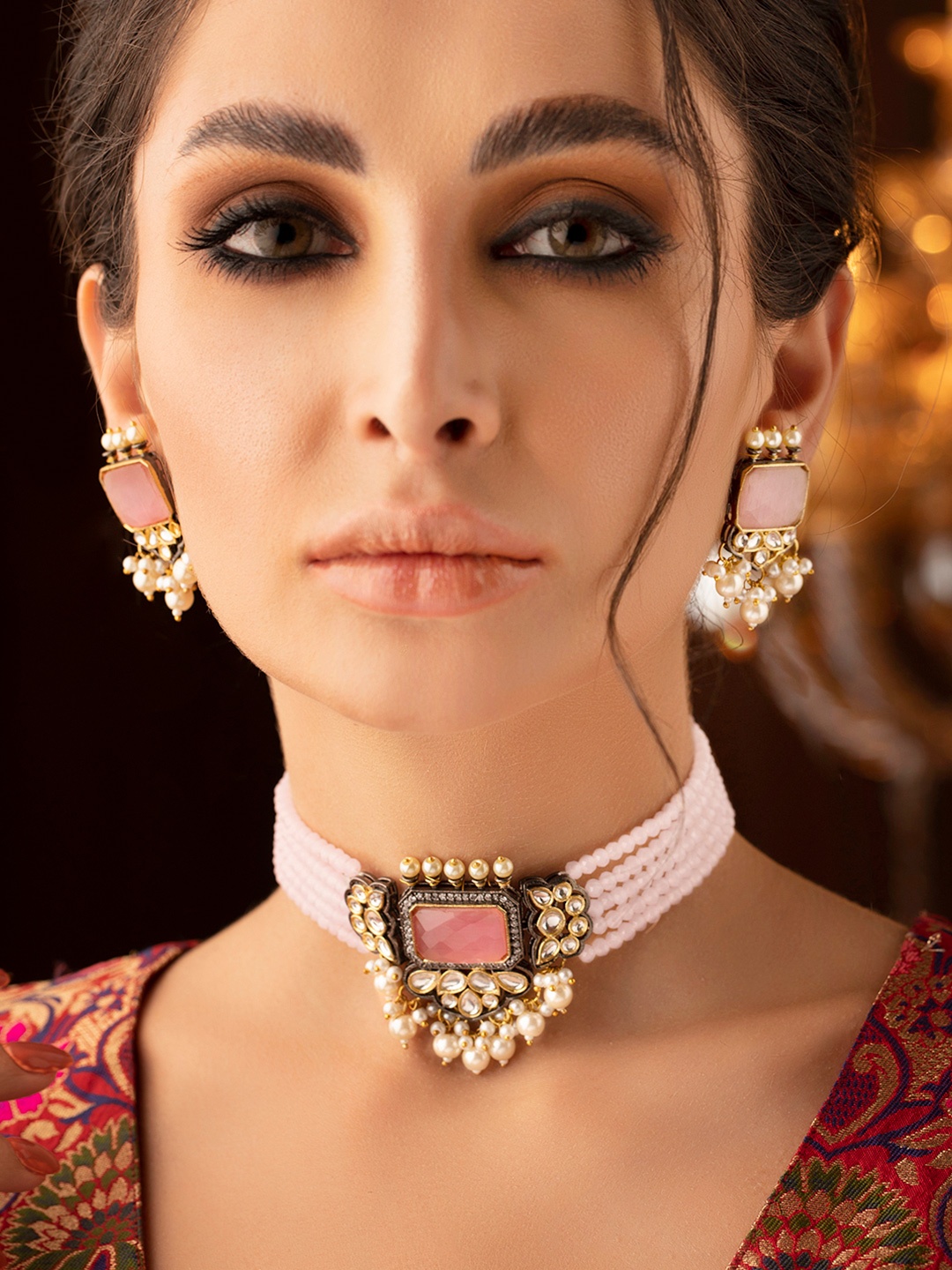 

Rubans Gold-Plated & Pink Kundan-Studded Jewellery Set
