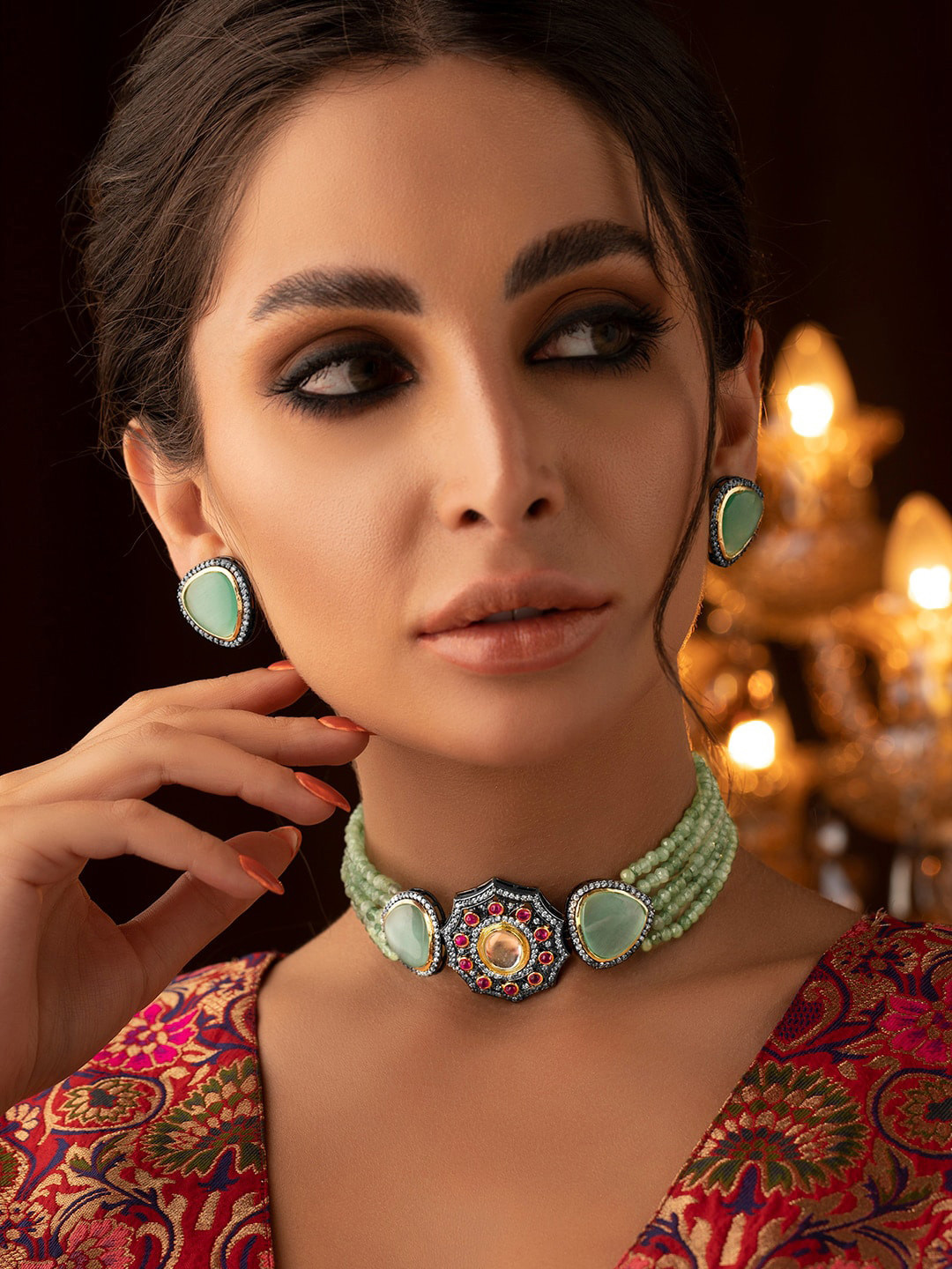 

Rubans Gold-Plated Mint-Green & Red Kundan Studded & Beaded choker Jewellery Set