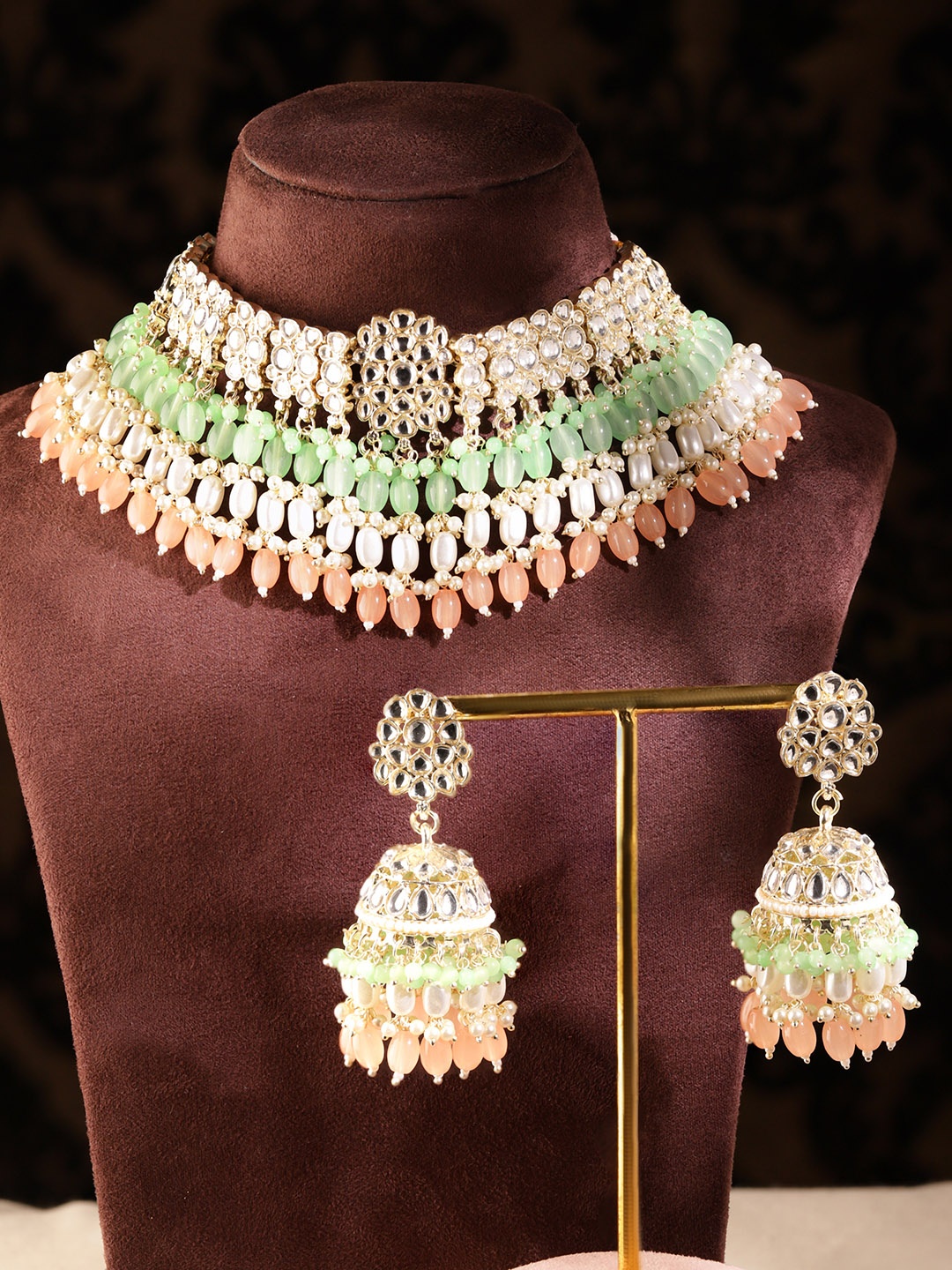 

Rubans Women Gold-Plated White & Green Stone-Studded & Beaded Jewellery Set
