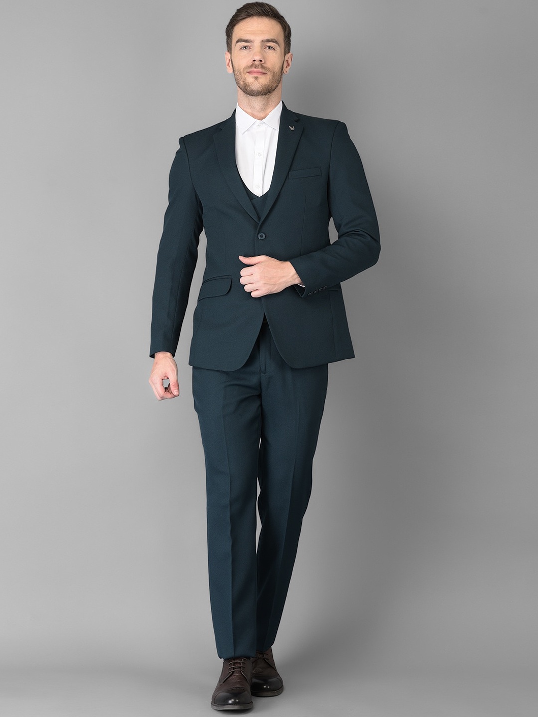 

Canary London Men's Navy Blue Solid Slim Fit Single-Breasted Formal 3-Piece Suit, Teal