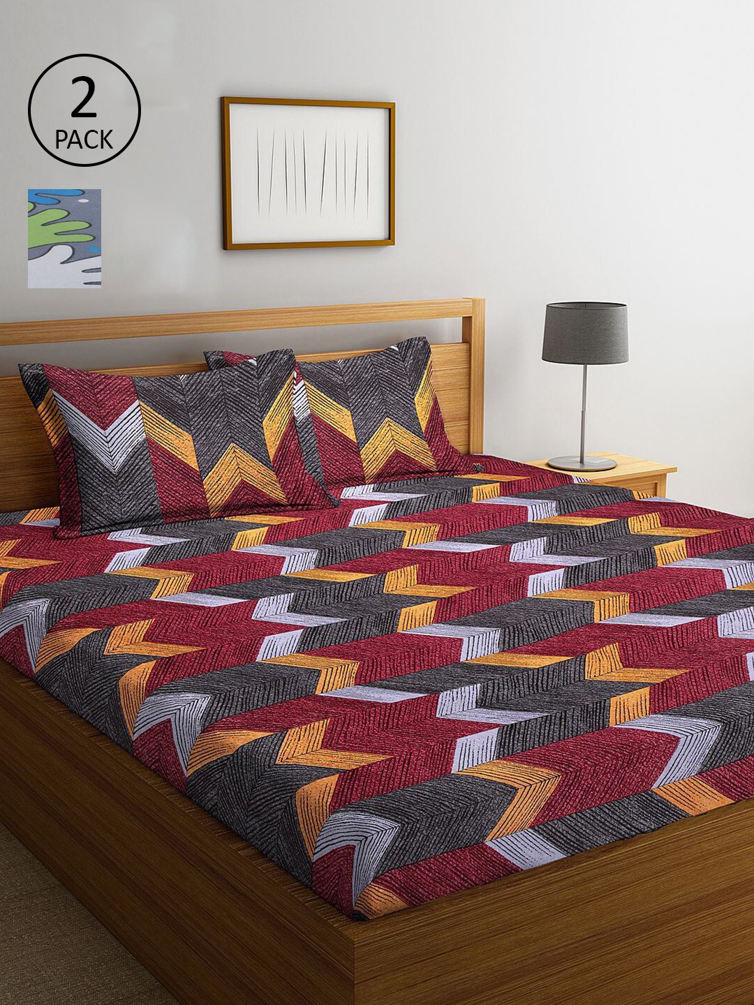 

KLOTTHE Grey Melange & Red Geometric 210 TC Set Of 2 King Bedsheet with 4 Pillow Covers