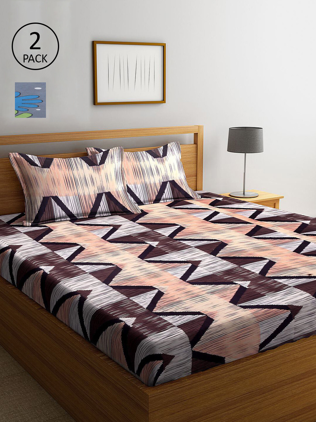 

KLOTTHE Blue & Brown Geometric 210 TC Set Of 2 King Bedsheet with 4 Pillow Covers