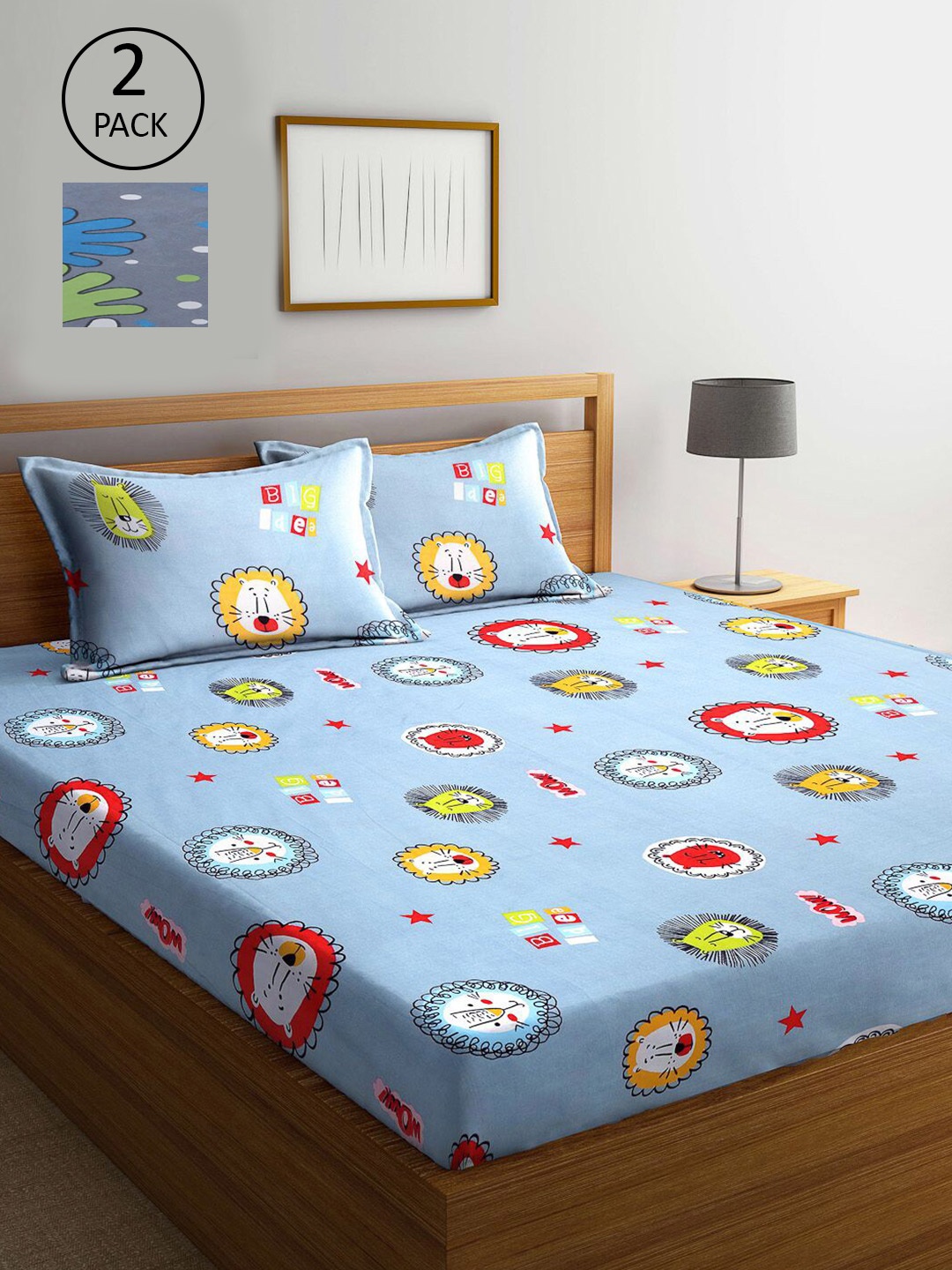 

KLOTTHE Grey Melange & Blue Cartoon Characters 300 TC 2 King Bedsheet With 4 Pillow Covers