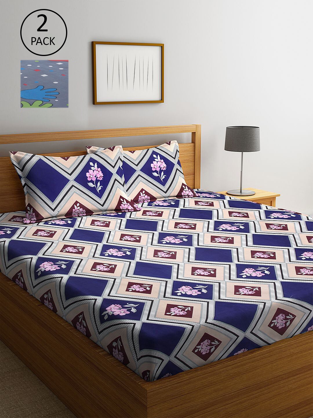 

KLOTTHE White & Blue Floral 210 TC Set Of 2 King Bedsheet with 4 Pillow Covers