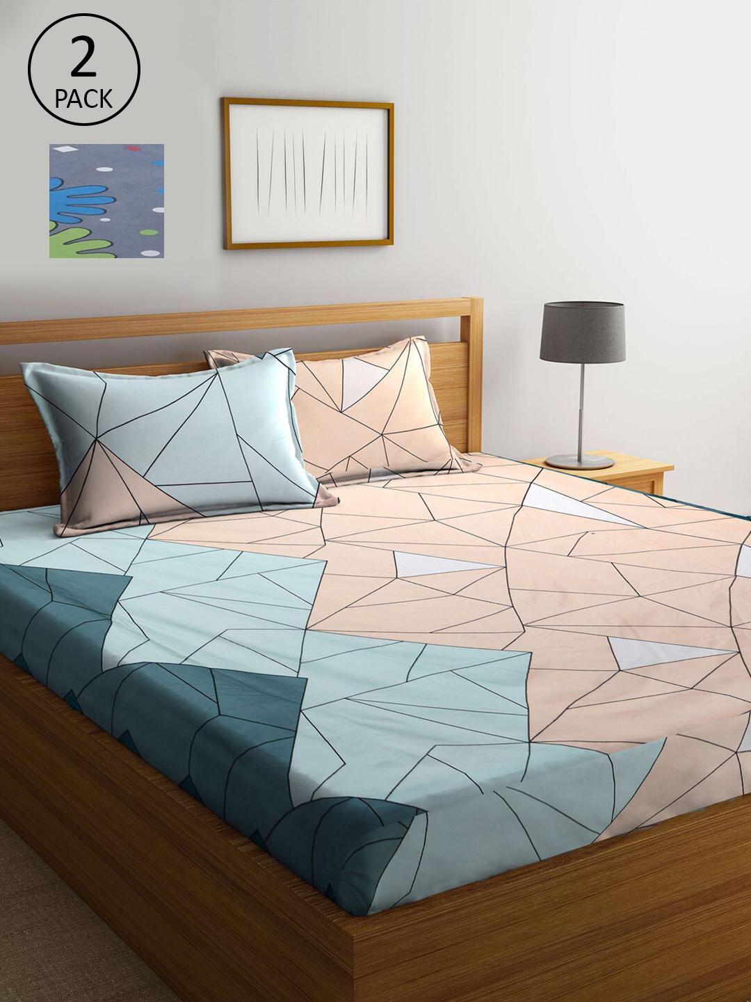 

KLOTTHE Grey & Blue Geometric 210 TC Set Of 2 King Bedsheet with 4 Pillow Covers