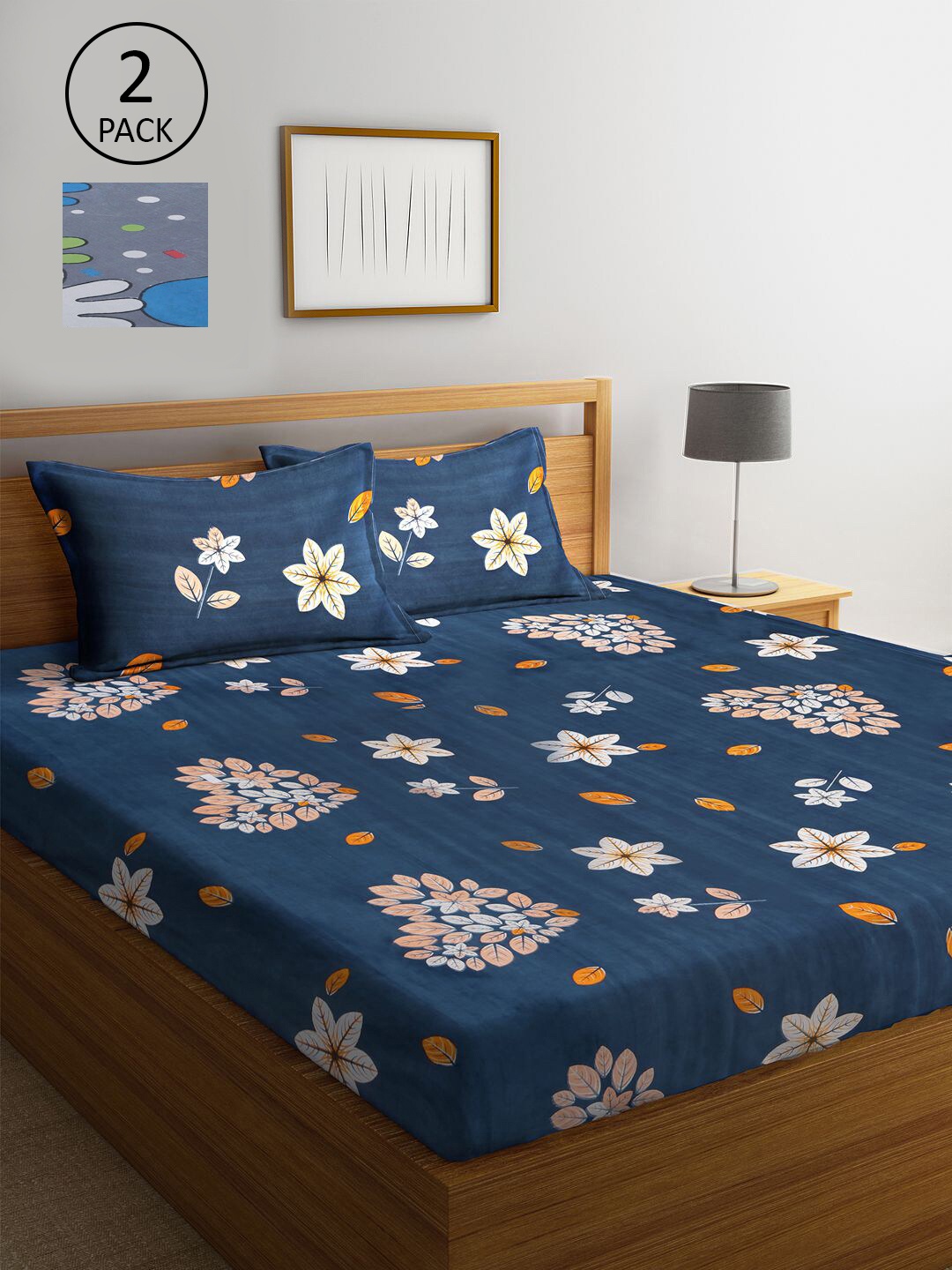 

KLOTTHE Navy Blue & Grey Floral 210 TC Set Of 2 King Bedsheet with 4 Pillow Covers
