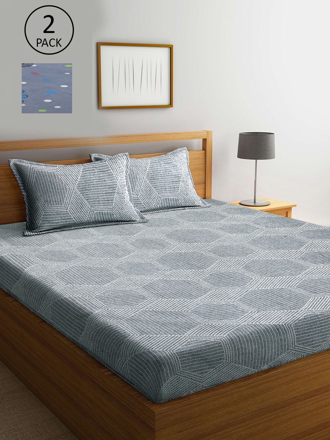 

KLOTTHE Blue & White Geometric 300 TC Set Of 2 King Bedsheet with 4 Pillow Covers