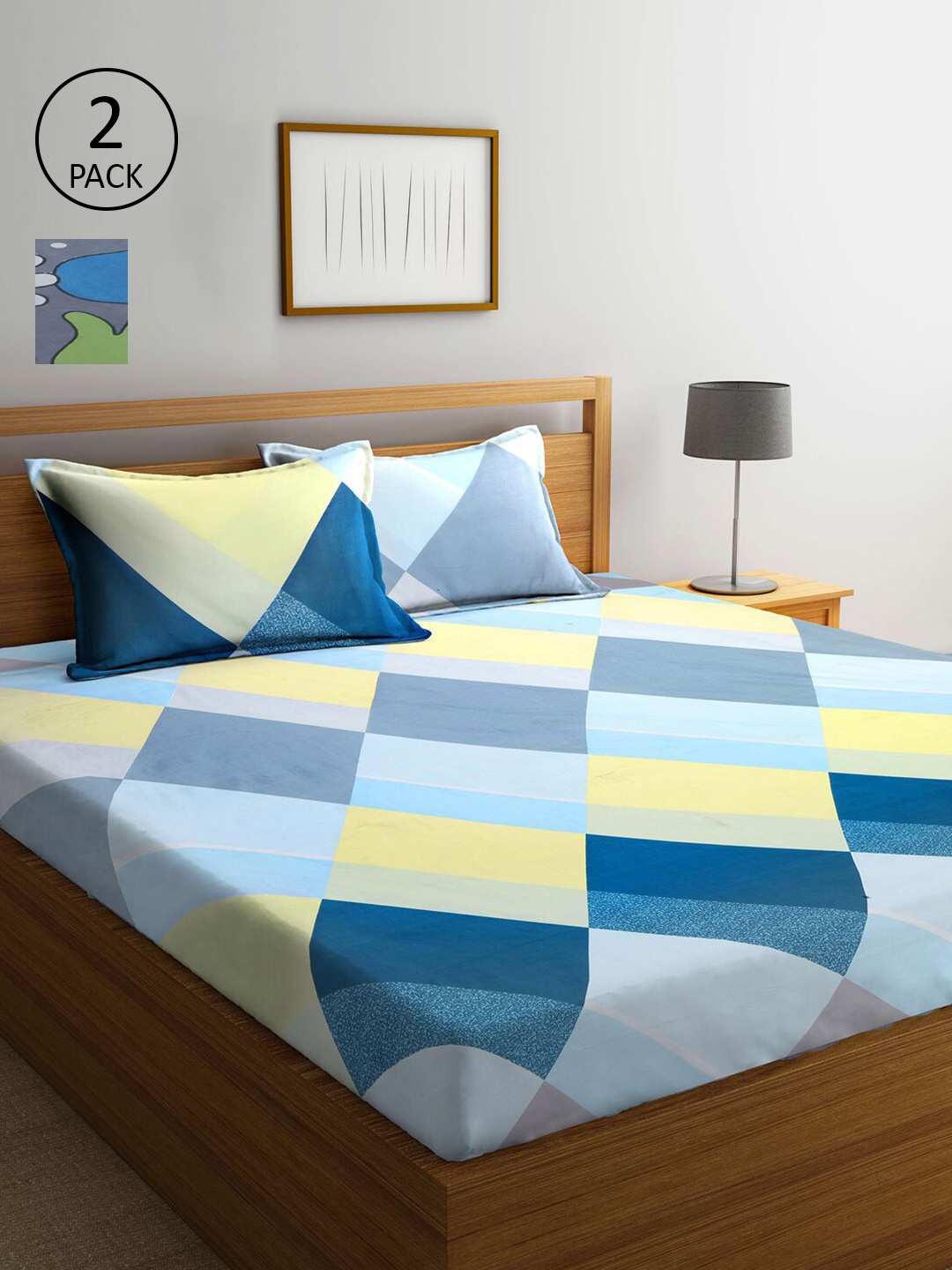 

KLOTTHE Yellow & Grey Geometric 300 TC 2 King Bedsheet with 4 Pillow Covers