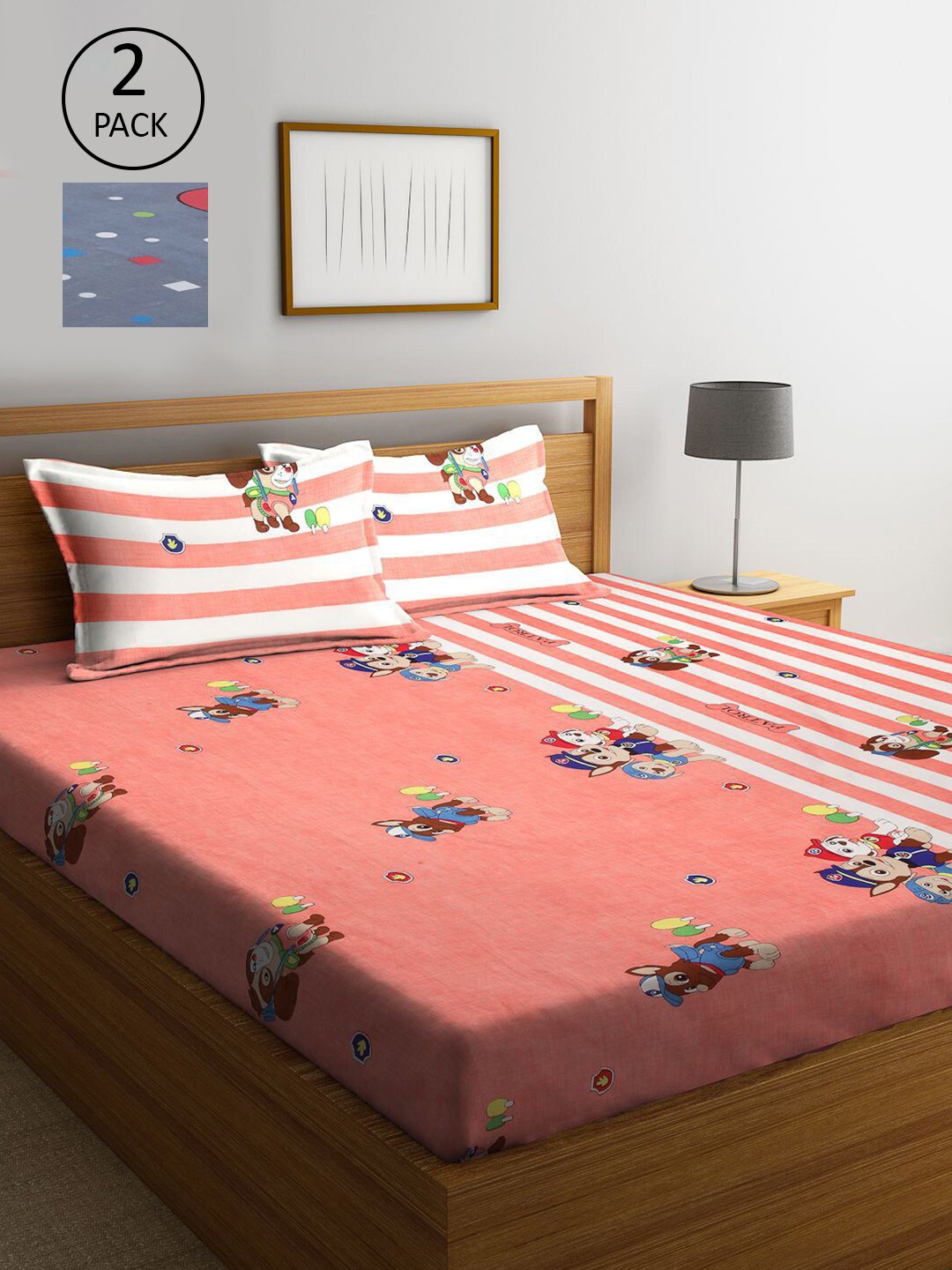

KLOTTHE Grey & Peach Cartoon Characters 300 TC 2 King Bedsheet with 4 Pillow Covers