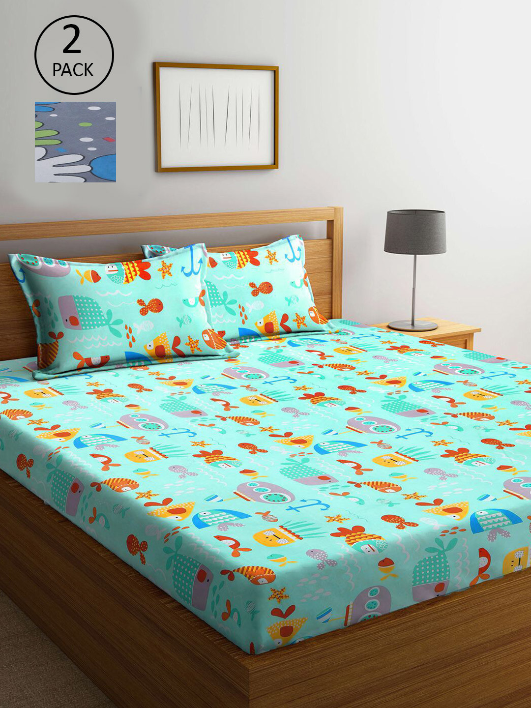 

KLOTTHE Green & Grey Cartoon Characters 210 TC Set Of 2 King Bedsheet with 4 Pillow Covers