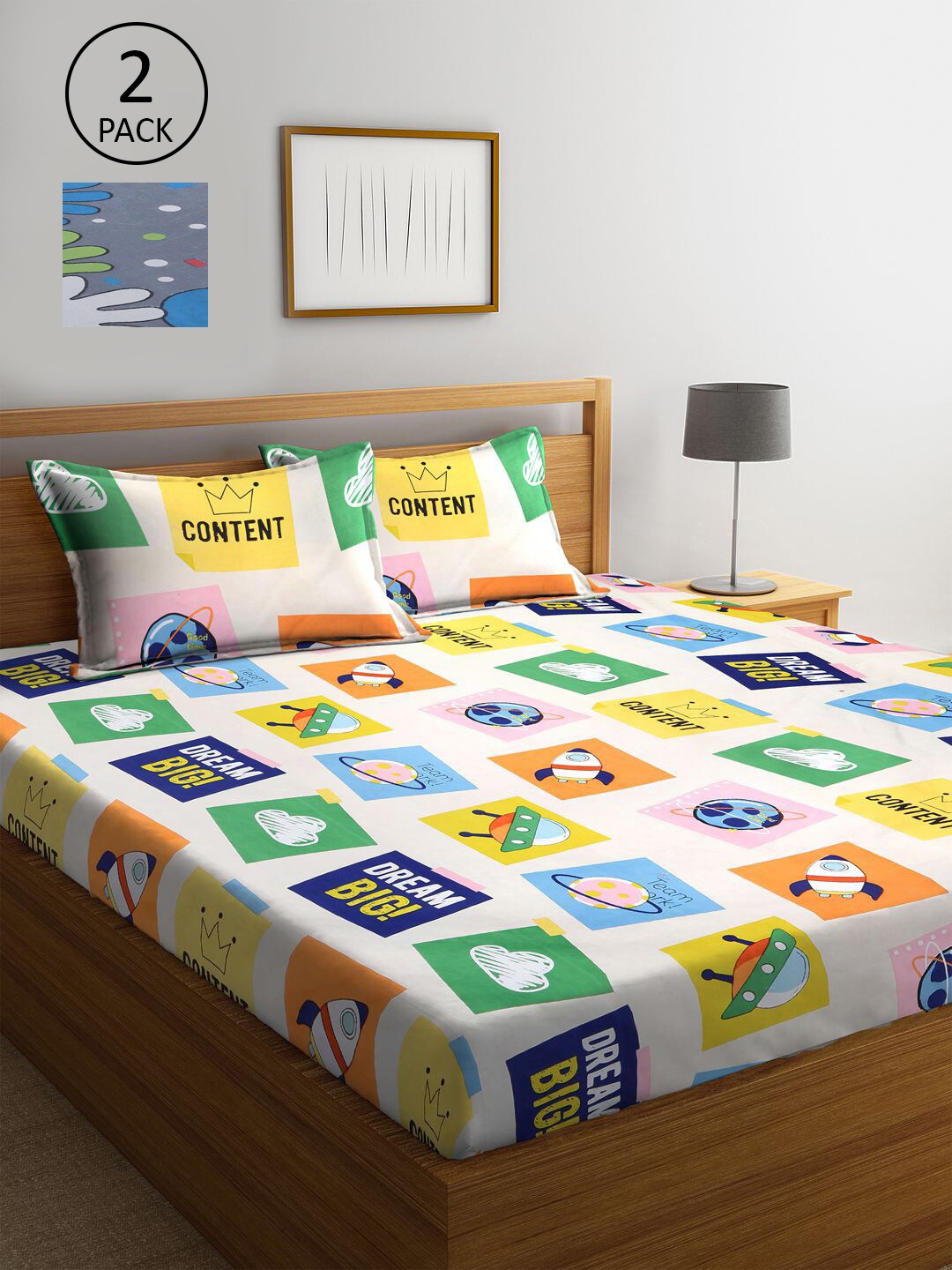 

KLOTTHE Grey & White Cartoon Characters 210 TC Set Of 2 King Bedsheet with 4 Pillow Covers