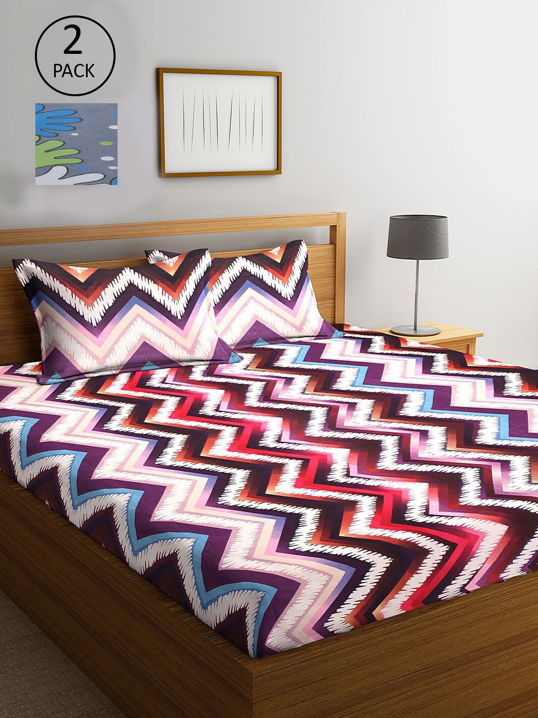 

KLOTTHE Blue & Purple Geometric 300 TC Set Of 2 King Bedsheet with 4 Pillow Covers, Grey