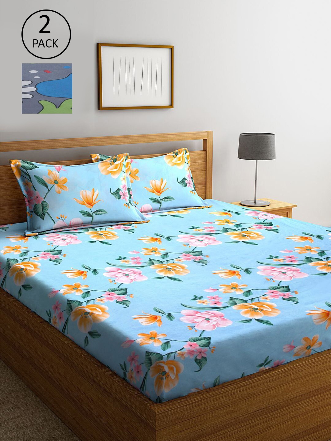 

KLOTTHE Blue & Grey Floral 300 TC 2 King Bedsheet with 4 Pillow Covers