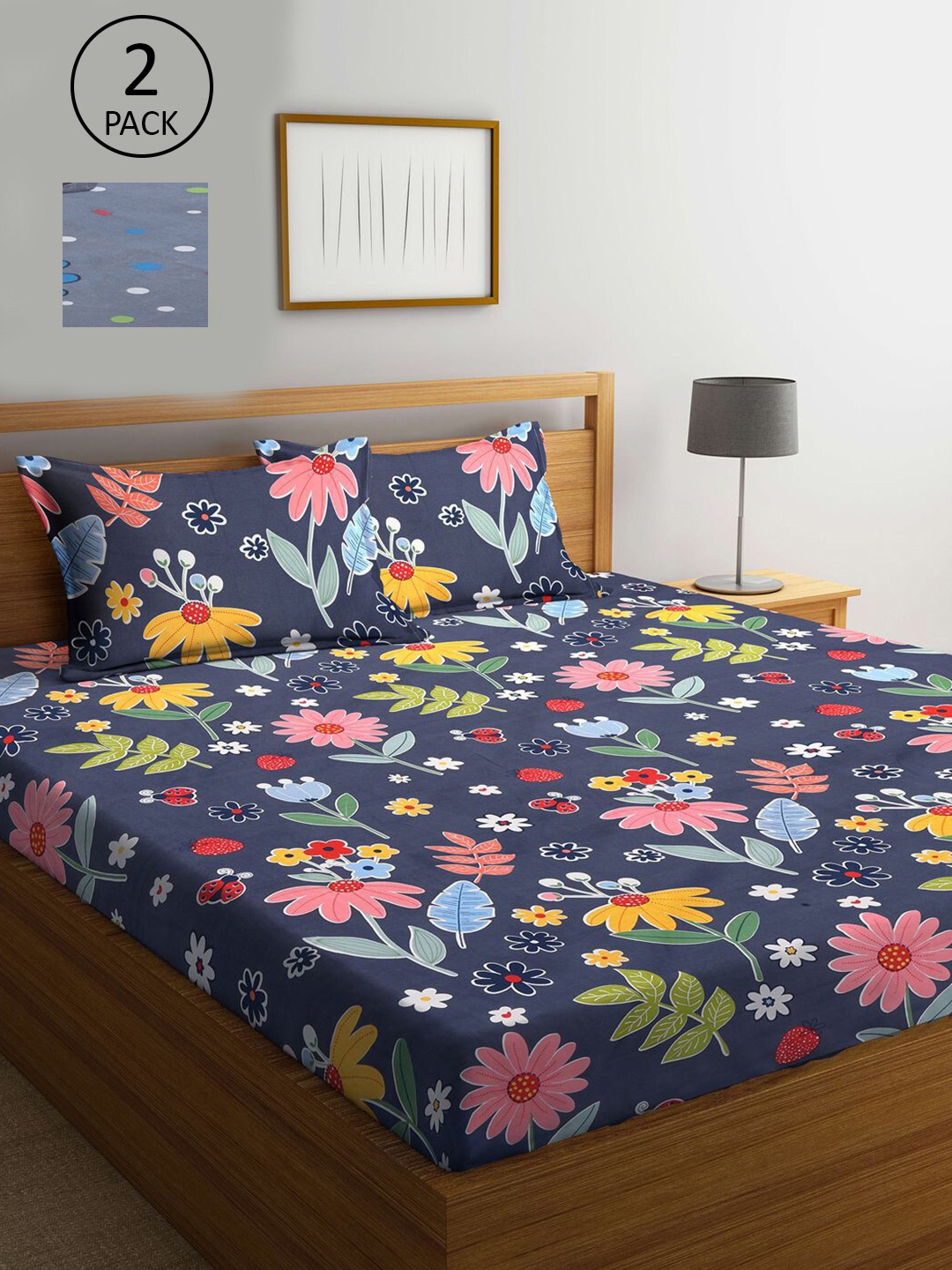 

KLOTTHE Blue & Red Floral Printed 210 TC 2 King Bedsheets with 4 Pillow Covers