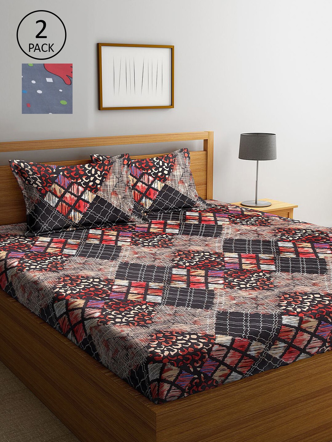 

KLOTTHE Grey & Brown Geometric 210 TC Set Of 2 King Bedsheet with 4 Pillow Covers