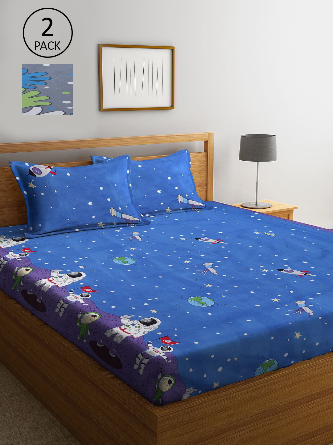 

KLOTTHE Blue & Grey Cartoon Characters 300 TC Set Of 2 King Bedsheet with 4 Pillow Covers