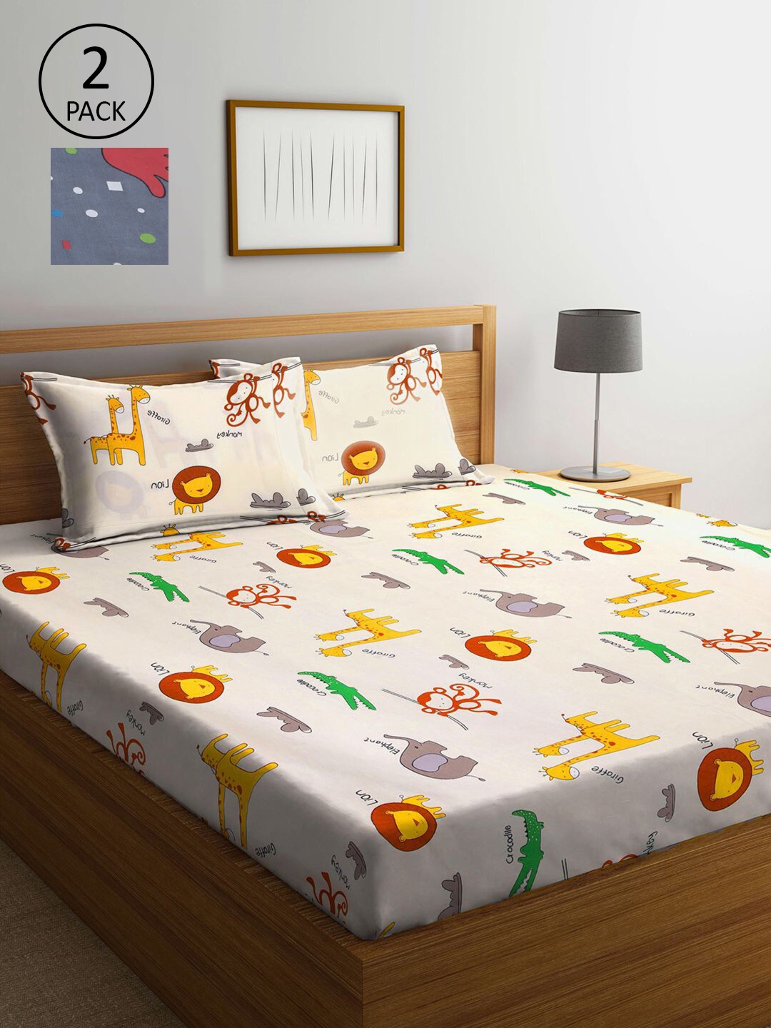

KLOTTHE Grey and Cream-coloured Cartoon Characters 300 TC 2 King Bedsheet & 4 Pillow Cover