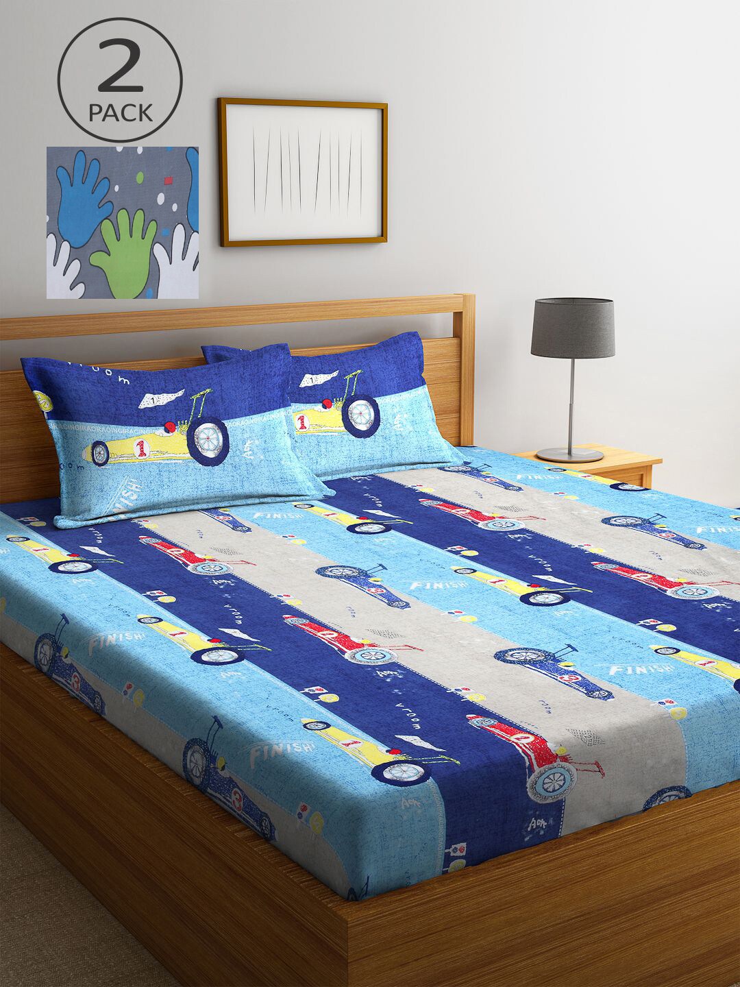 

KLOTTHE Blue & Grey Cartoon Characters 300 TC 2 King Bedsheet with 4 Pillow Covers