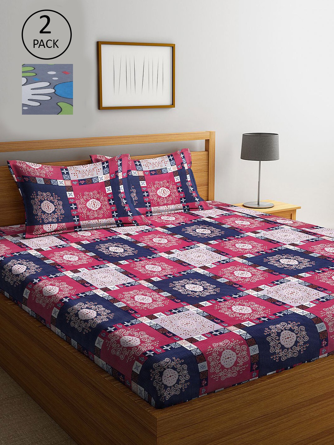 

KLOTTHE Grey & Magenta Geometric Printed 210 TC 2 King Size Bedsheets with 4 Pillow Covers