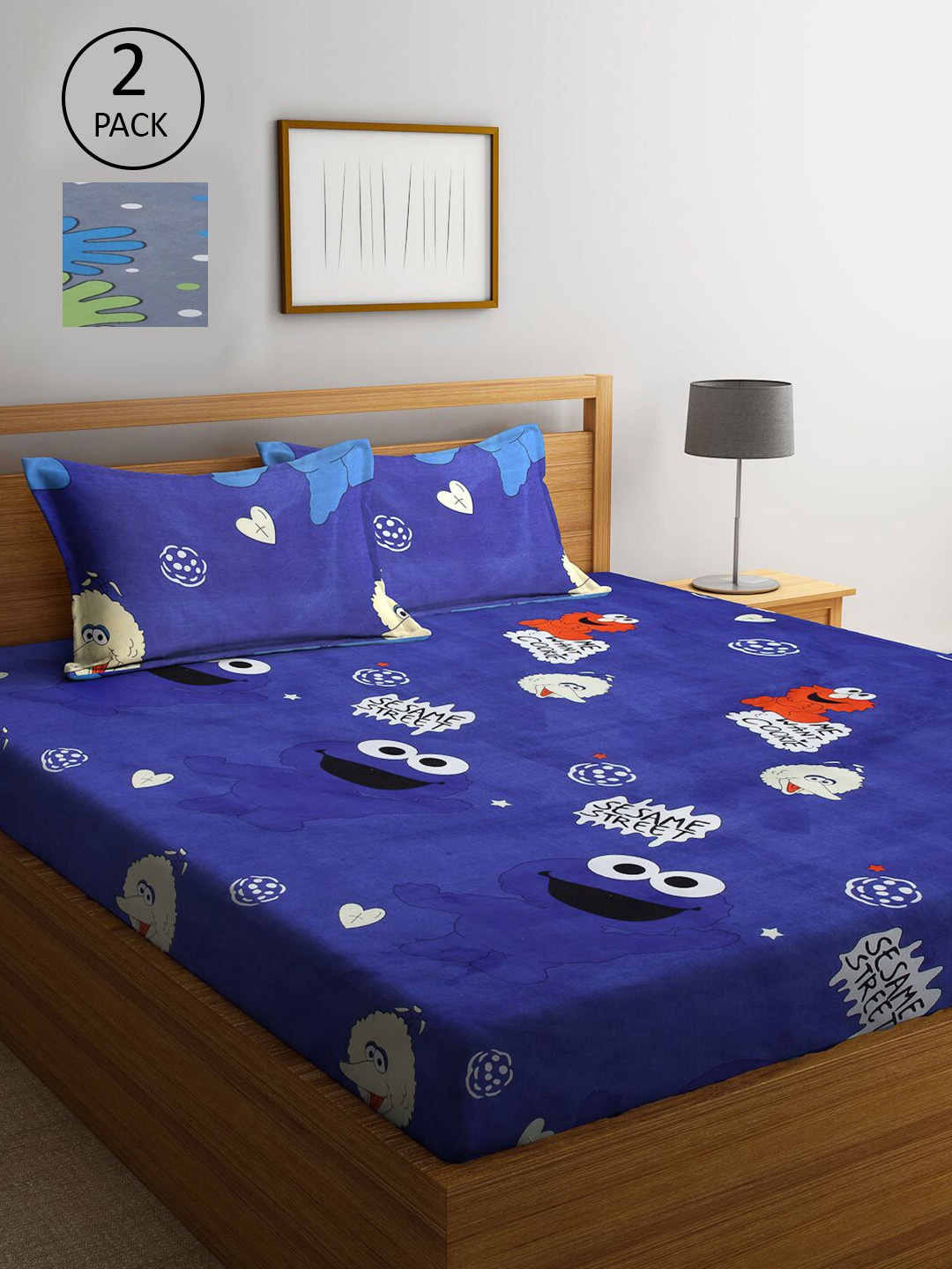 

KLOTTHE Blue & Grey Cartoon Characters 210 TC Set Of 2 King Bedsheet with 4 Pillow Covers