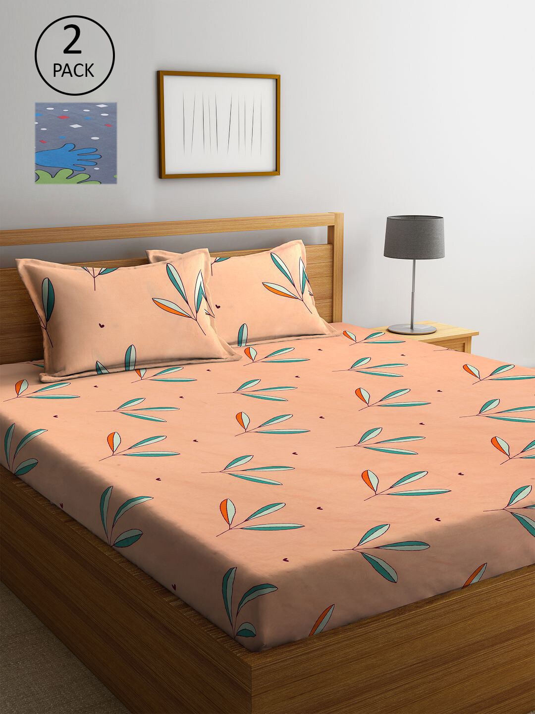 

KLOTTHE Peach-coloured & Grey Floral 300 TC Set Of 2 King Bedsheet with 4 Pillow Covers