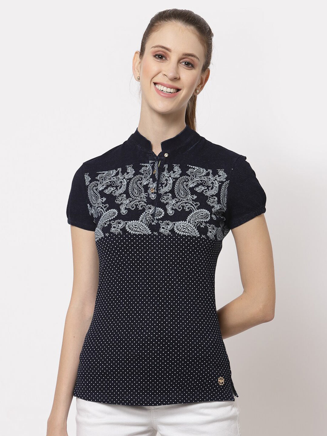 

Juelle Women Navy Blue Printed Mandarin Collar Slim Fit T-shirt