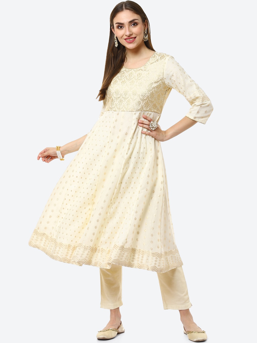 

Rangriti Women Off White Ethnic Motifs Printed Gotta Patti Brocade Anarkali Kurta
