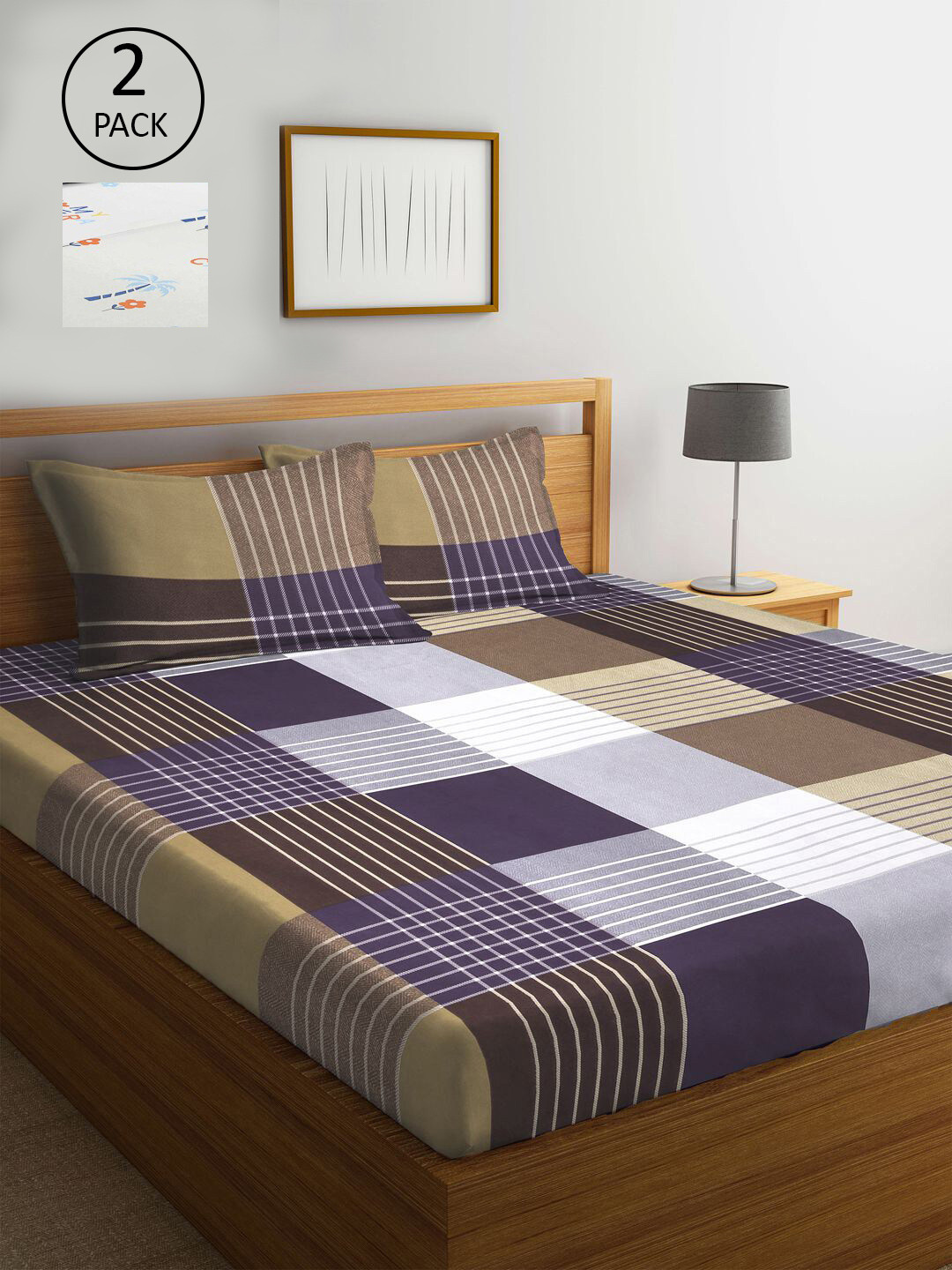 

KLOTTHE Set of 2 White & Blue Geometric 300 TC King Bedsheet with 4 Pillow Covers