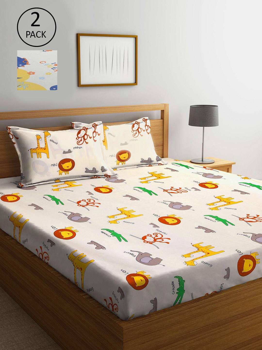 

KLOTTHE Cream-Coloured & Yellow Cartoon Printed 210 TC 2 King Size Bedsheets with 4 Pillow Covers