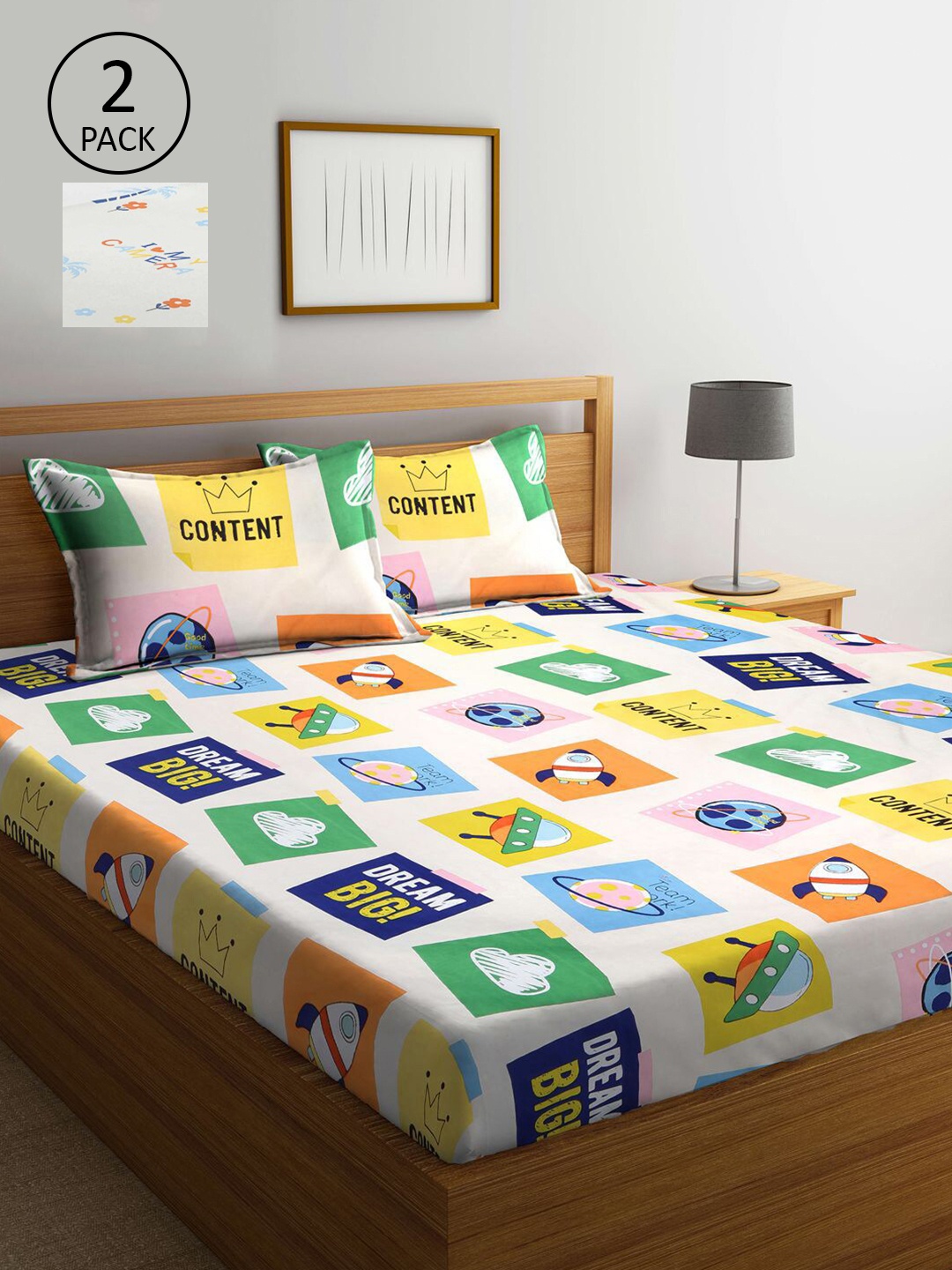 

KLOTTHE Yellow & White Cartoon Characters 210 TC Set Of 2 King Bedsheet with 4 Pillow Covers