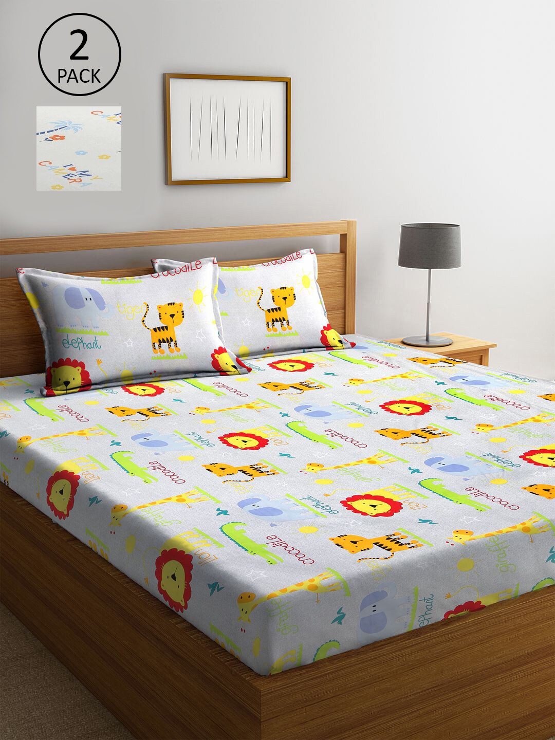 

KLOTTHE Yellow & White Cartoon Characters 300 TC 2 King Bedsheet with 4 Pillow Covers