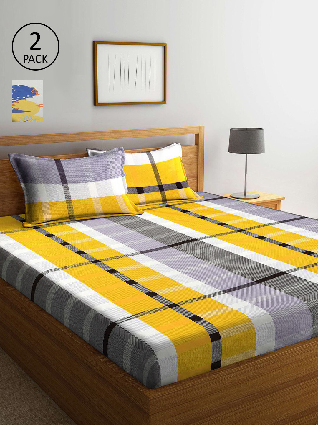 

KLOTTHE Grey & Yellow Geometric 300 TC 2 King Bedsheet with 4 Pillow Covers