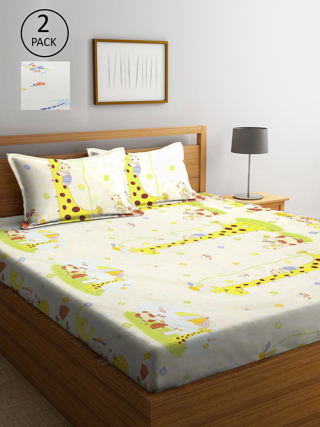 

KLOTTHE Cream-Coloured & Yellow Cartoon Characters 210 TC Set Of 2 King Bedsheet with 4 Pillow Covers