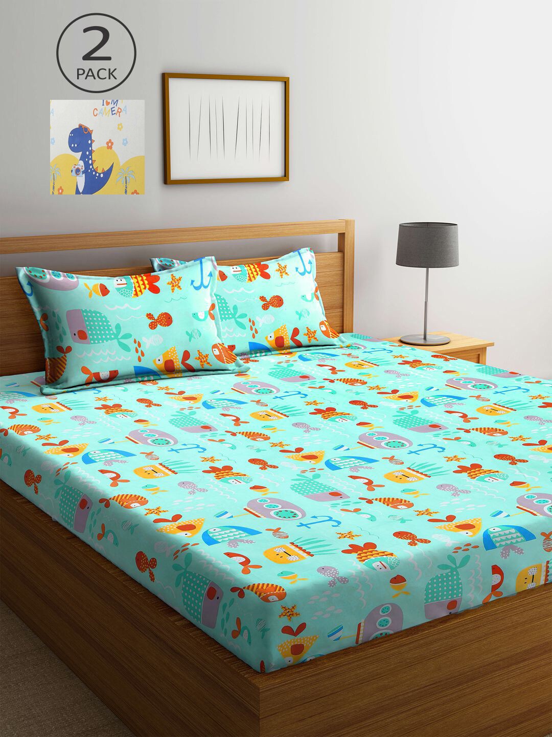 

KLOTTHE Set of 2 Cartoon Characters 300 TC King Bedsheet with 4 Pillow Covers, Blue
