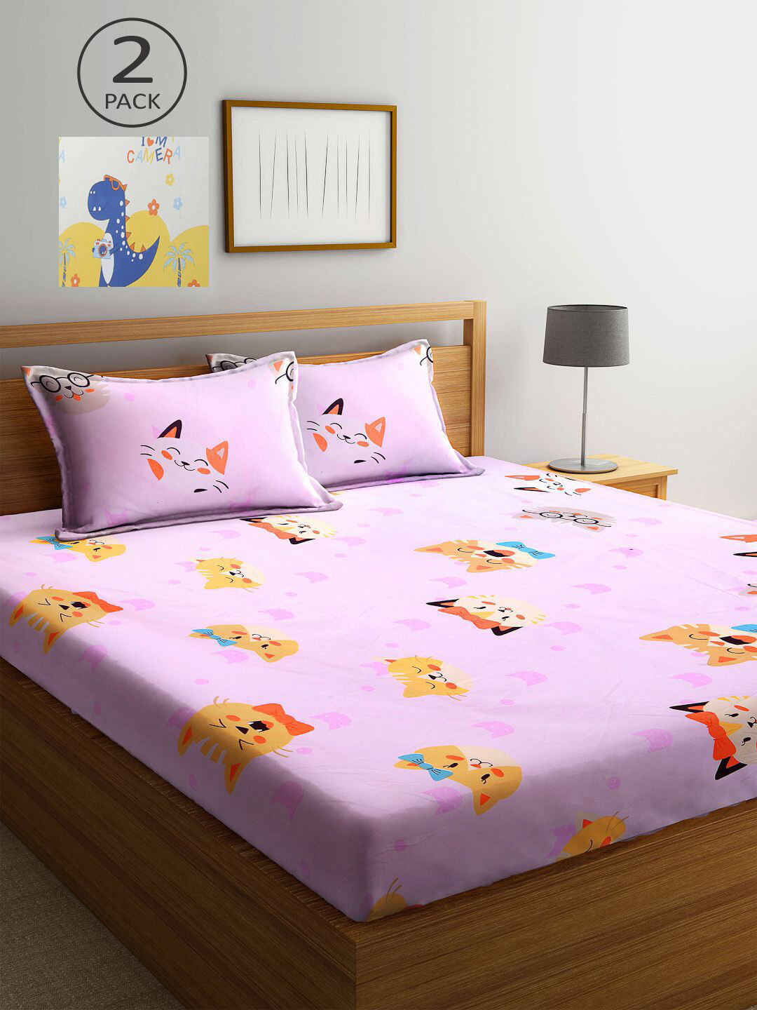 

KLOTTHE Pink & White Cartoon Characters 210 TC Set Of 2 King Bedsheet with 4 Pillow Covers