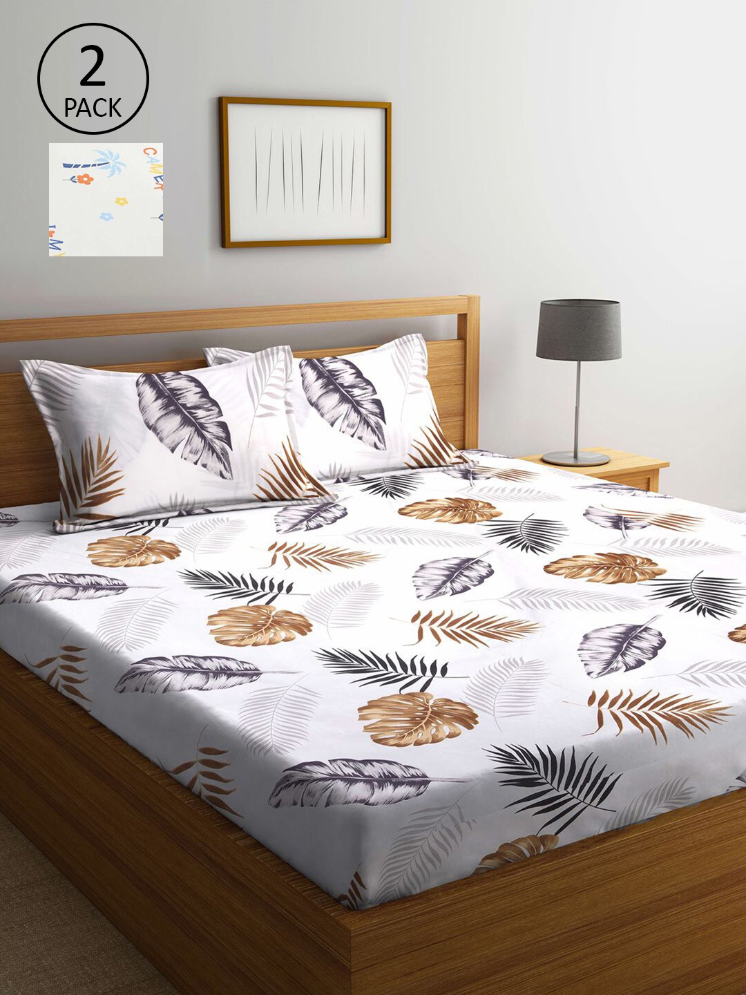 

KLOTTHE White & Blue Floral 210 TC Set Of 2 King Bedsheet with 4 Pillow Covers