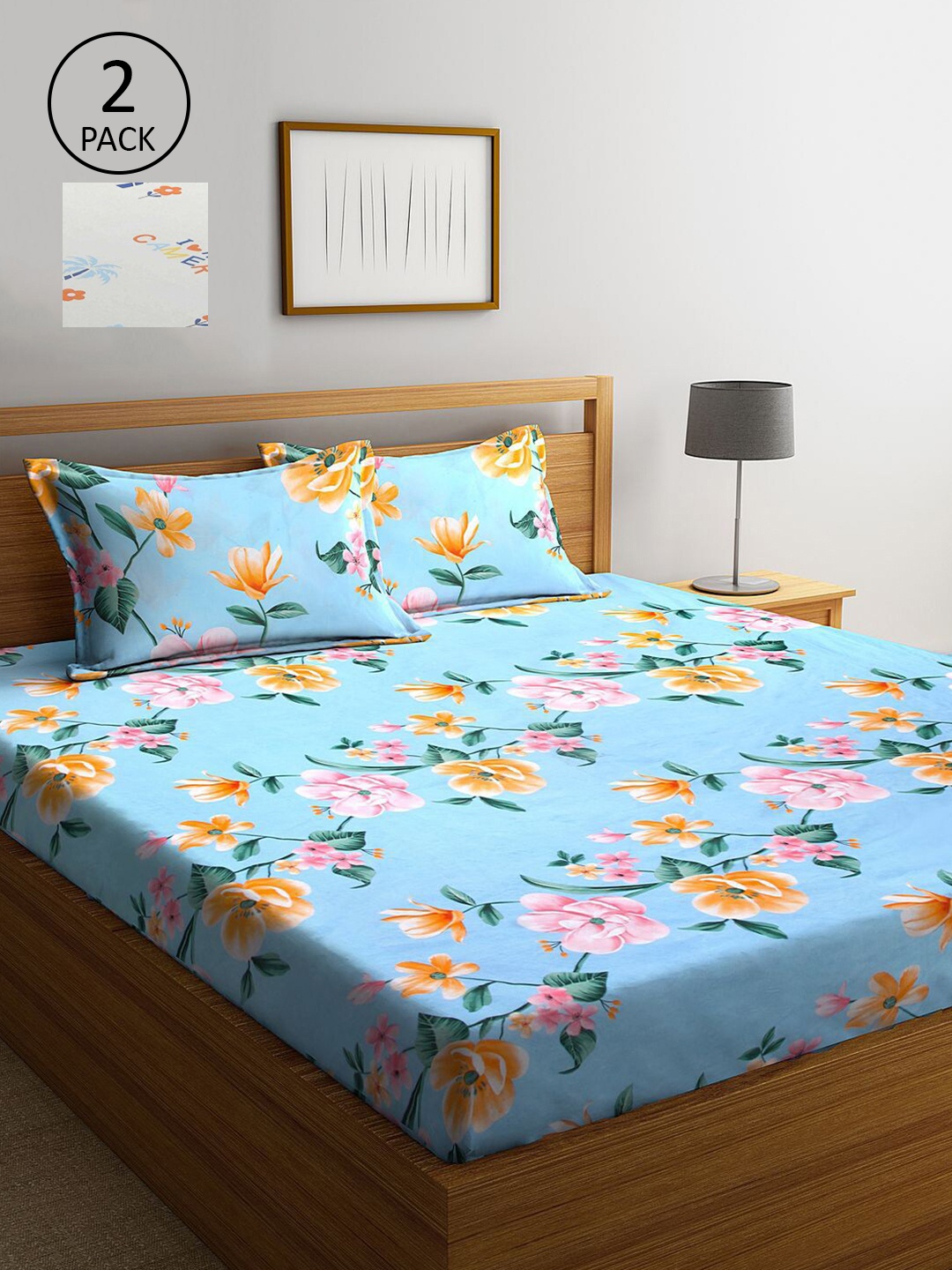 

KLOTTHE Cream-Coloured & Blue Floral 300 TC 2 King Bedsheet with 4 Pillow Covers