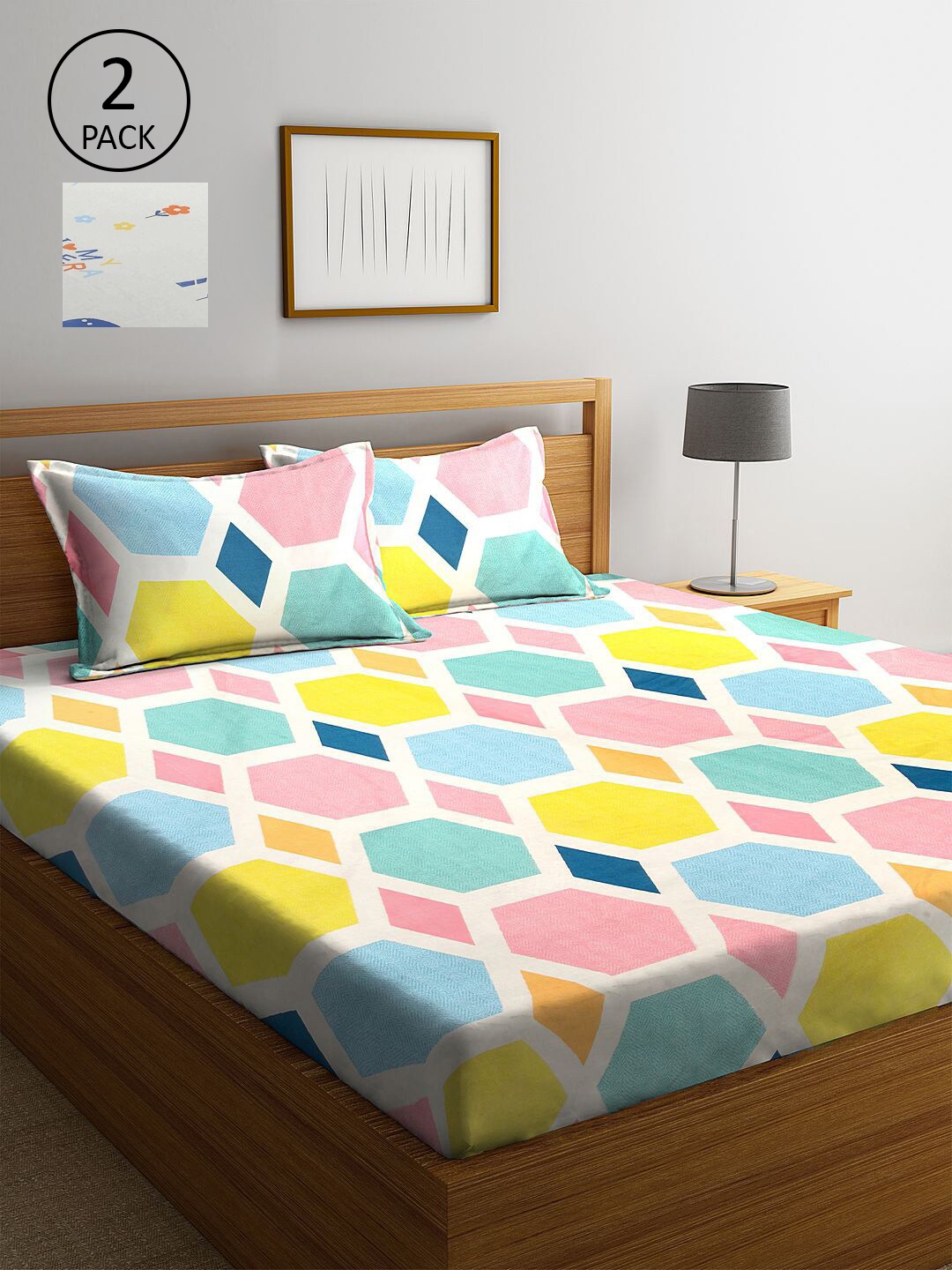 

KLOTTHE White & Yellow Geometric 210 TC Set Of 2 King Bedsheet with 4 Pillow Covers