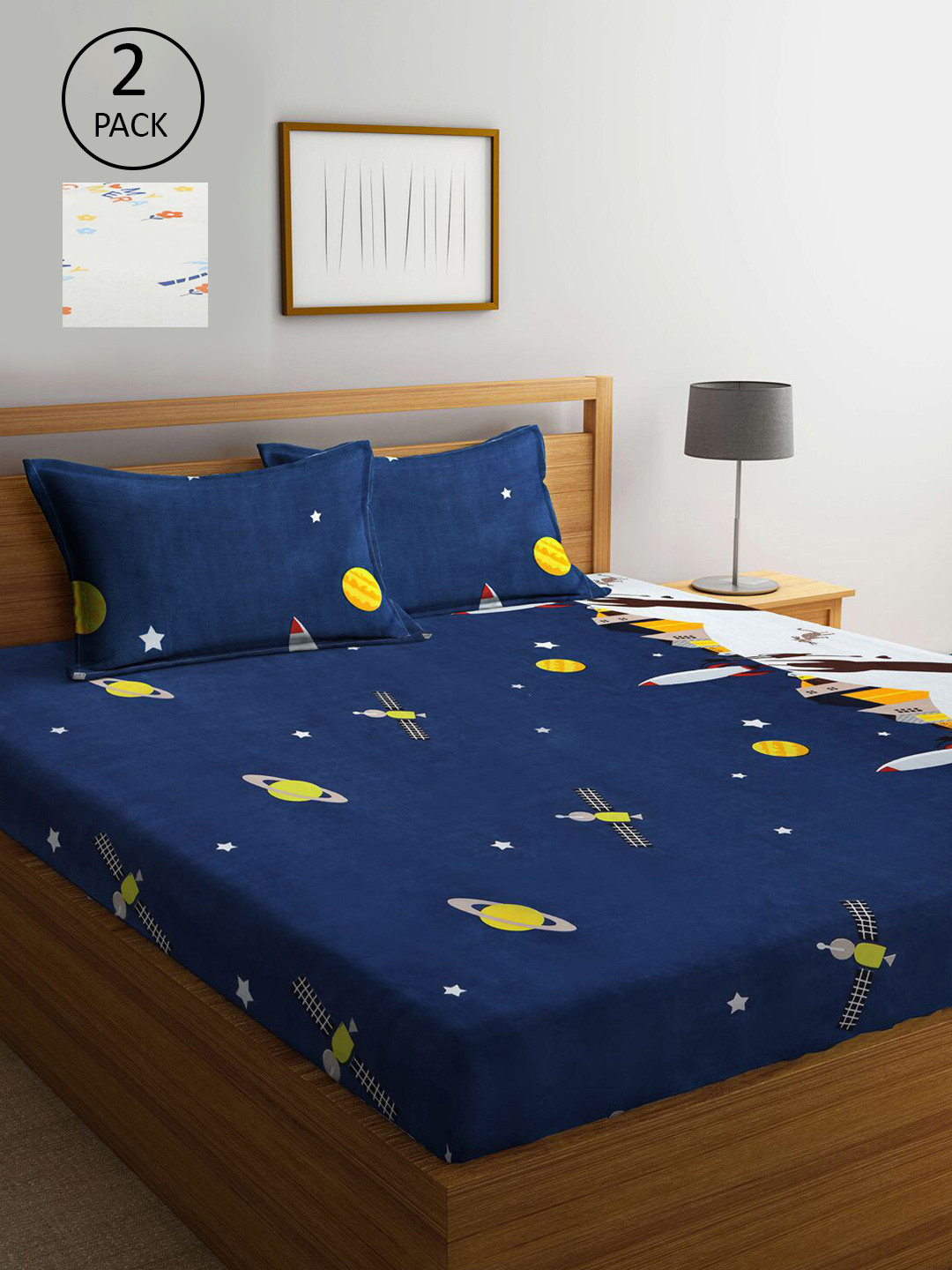 

KLOTTHE Blue & Yellow Cartoon Characters 210 TC Set Of 2 King Bedsheet with 4 Pillow Covers