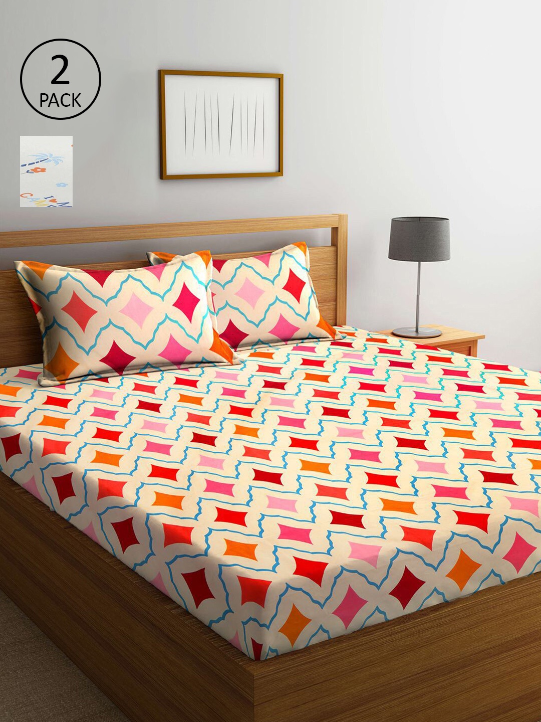 

KLOTTHE White & Yellow Geometric 210 TC Set Of 2 King Bedsheet with 4 Pillow Covers