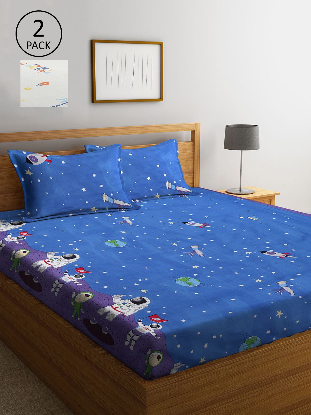 

KLOTTHE Blue & White Cartoon Characters 210 TC 2 King Bedsheets with 4 Pillow Covers