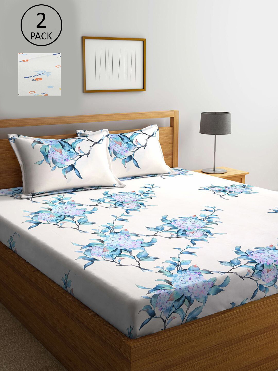 

KLOTTHE White & Blue Floral Printed 210 TC 2 King Bedsheets with 4 Pillow Covers