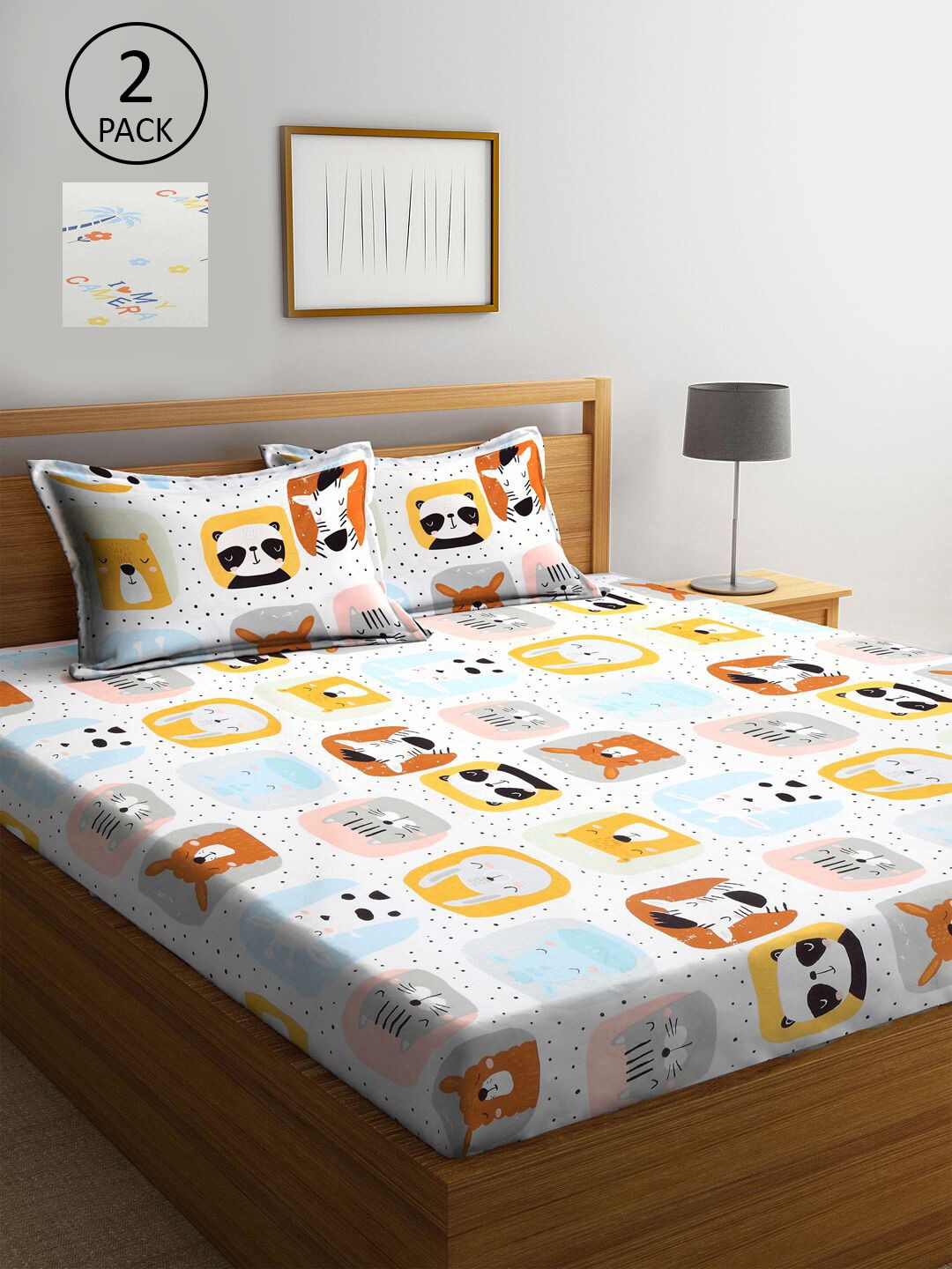 

KLOTTHE White & Blue Cartoon Characters 210 TC Set Of 2 King Bedsheet with 4 Pillow Covers
