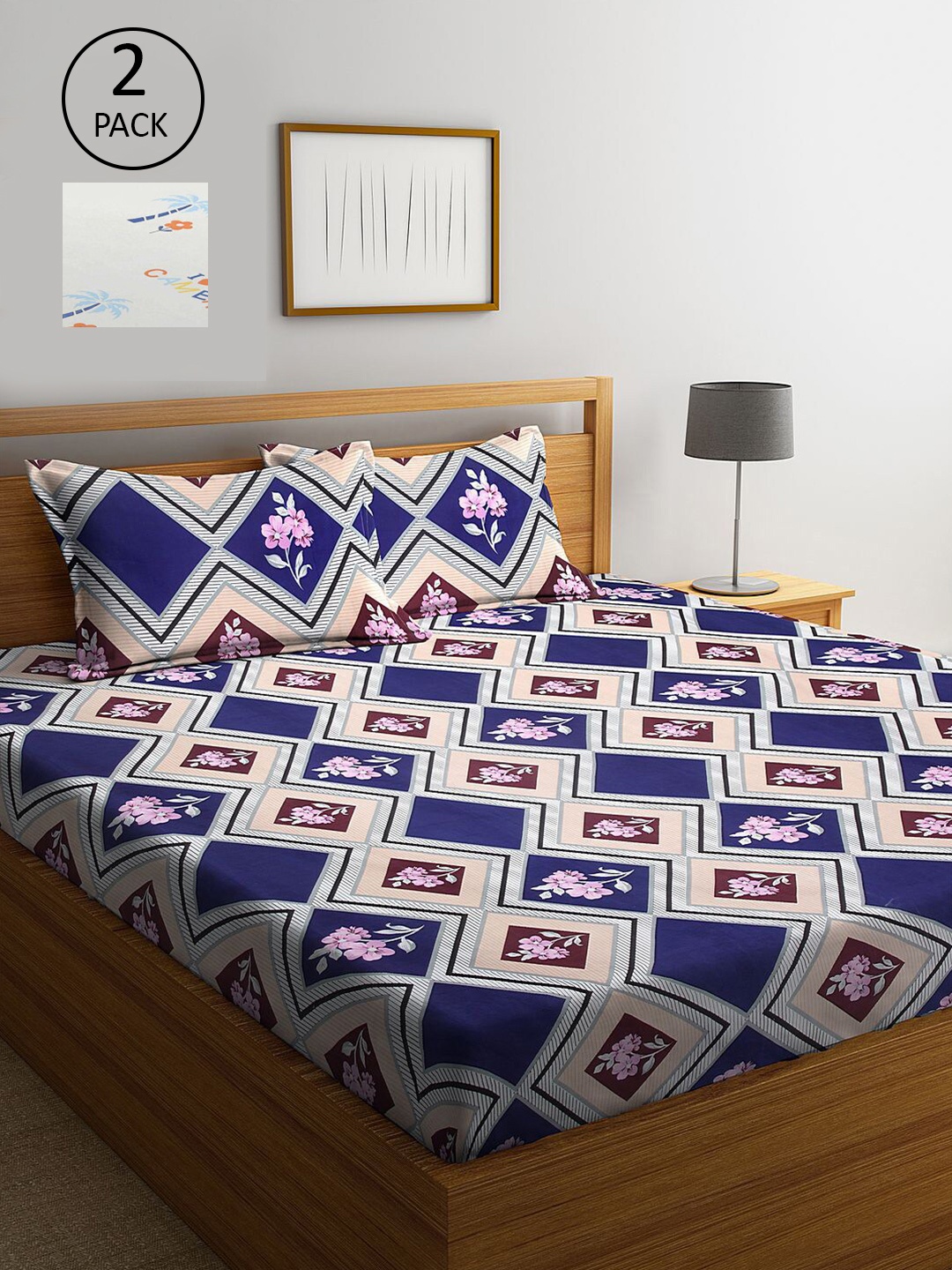 

KLOTTHE White & Blue Floral 210 TC Set Of 2 King Bedsheet with 4 Pillow Covers