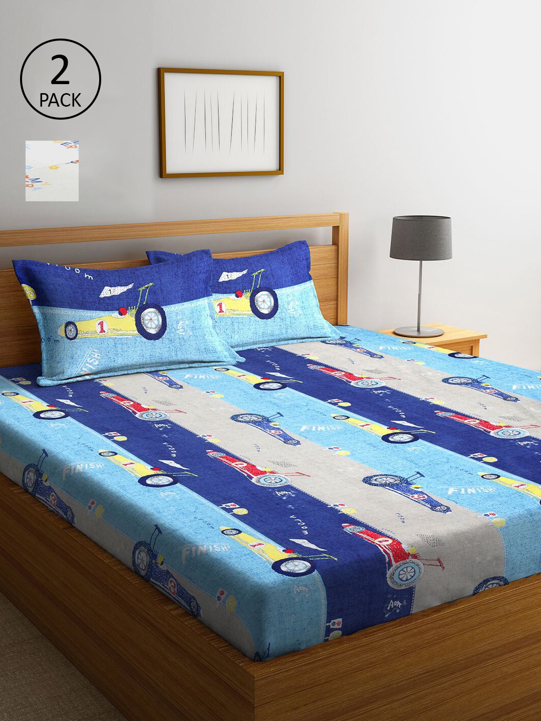 

KLOTTHE White & Blue Cartoon Characters 300 TC 2 King Bedsheet with 4 Pillow Covers