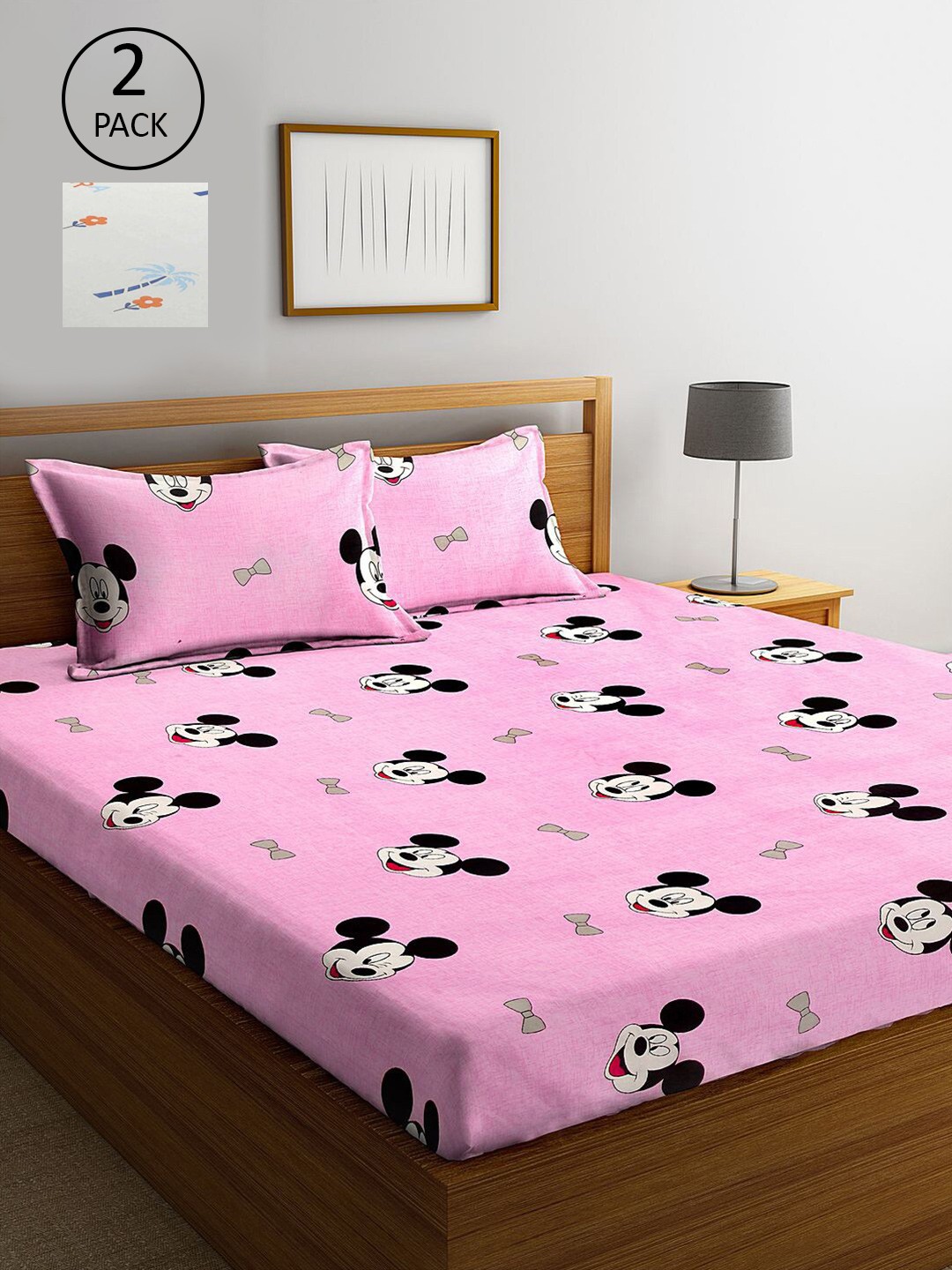 

KLOTTHE Pink & White Cartoon Characters 210 TC Set Of 2 King Bedsheet with 4 Pillow Covers