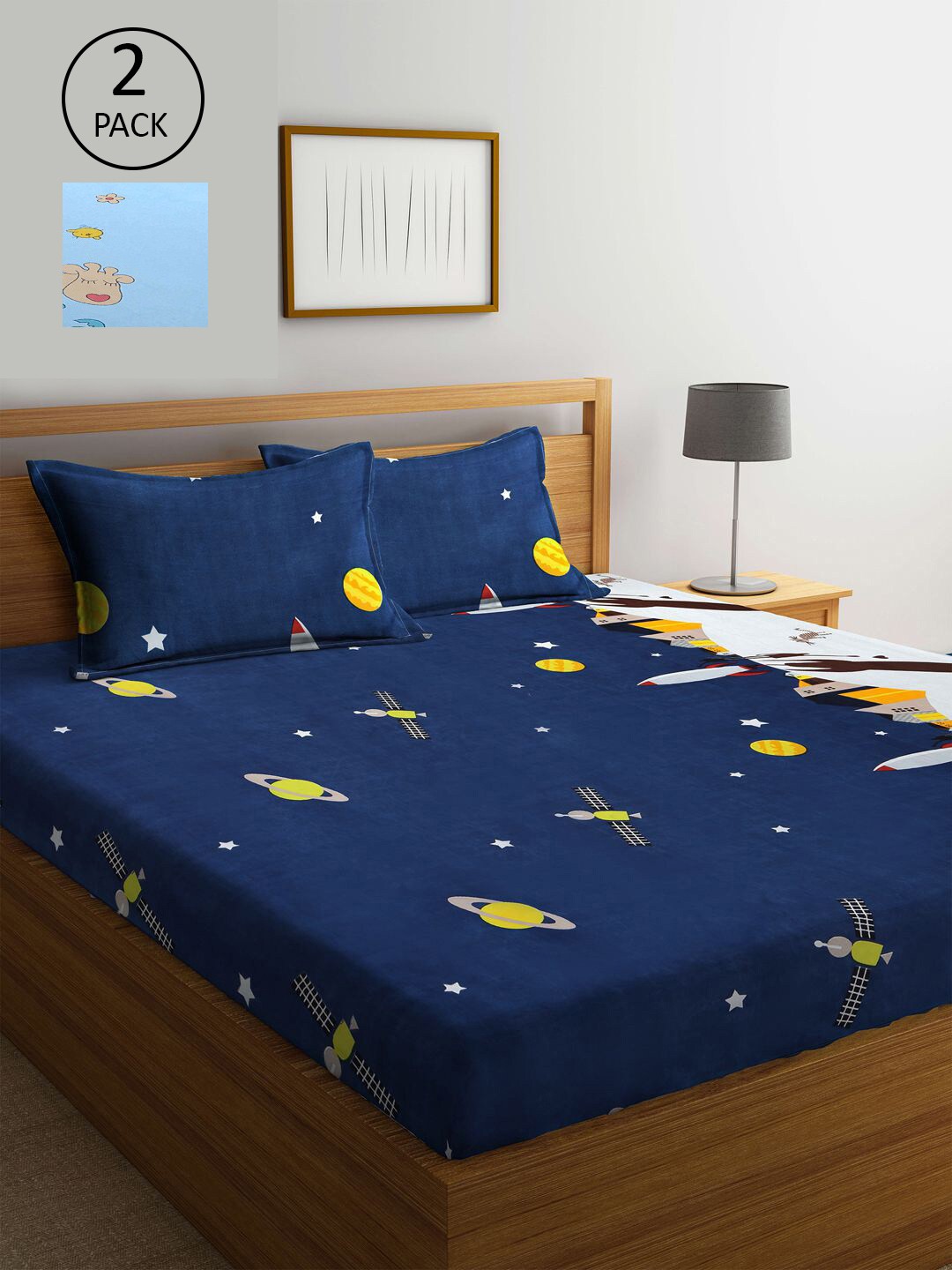 

KLOTTHE Blue & Navy Blue Cartoon Characters 210 TC Set Of 2 King Bedsheet with 4 Pillow Covers