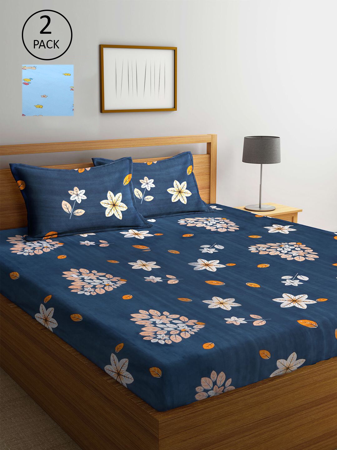 

KLOTTHE Blue & White Floral 210 TC Set Of 2 King Bedsheet with 4 Pillow Covers