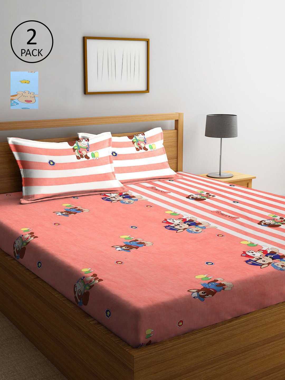 

KLOTTHE Pack of 2 Cartoon Characters Print 210 TC King Size Bedsheet With 4 Pillow Cover, Orange